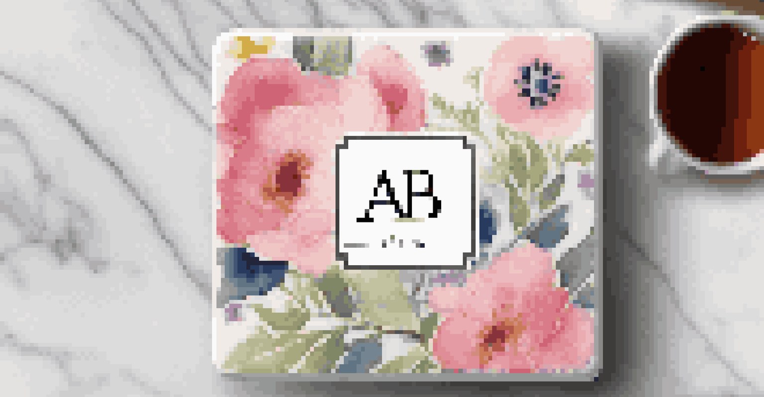 A close-up of a personalized ceramic tile coaster with floral design and initials on a marble countertop next to a cup of tea.