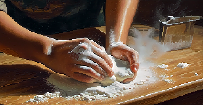 A close-up of hands kneading dough on a wooden countertop, with flour dust in the air and soft lighting.