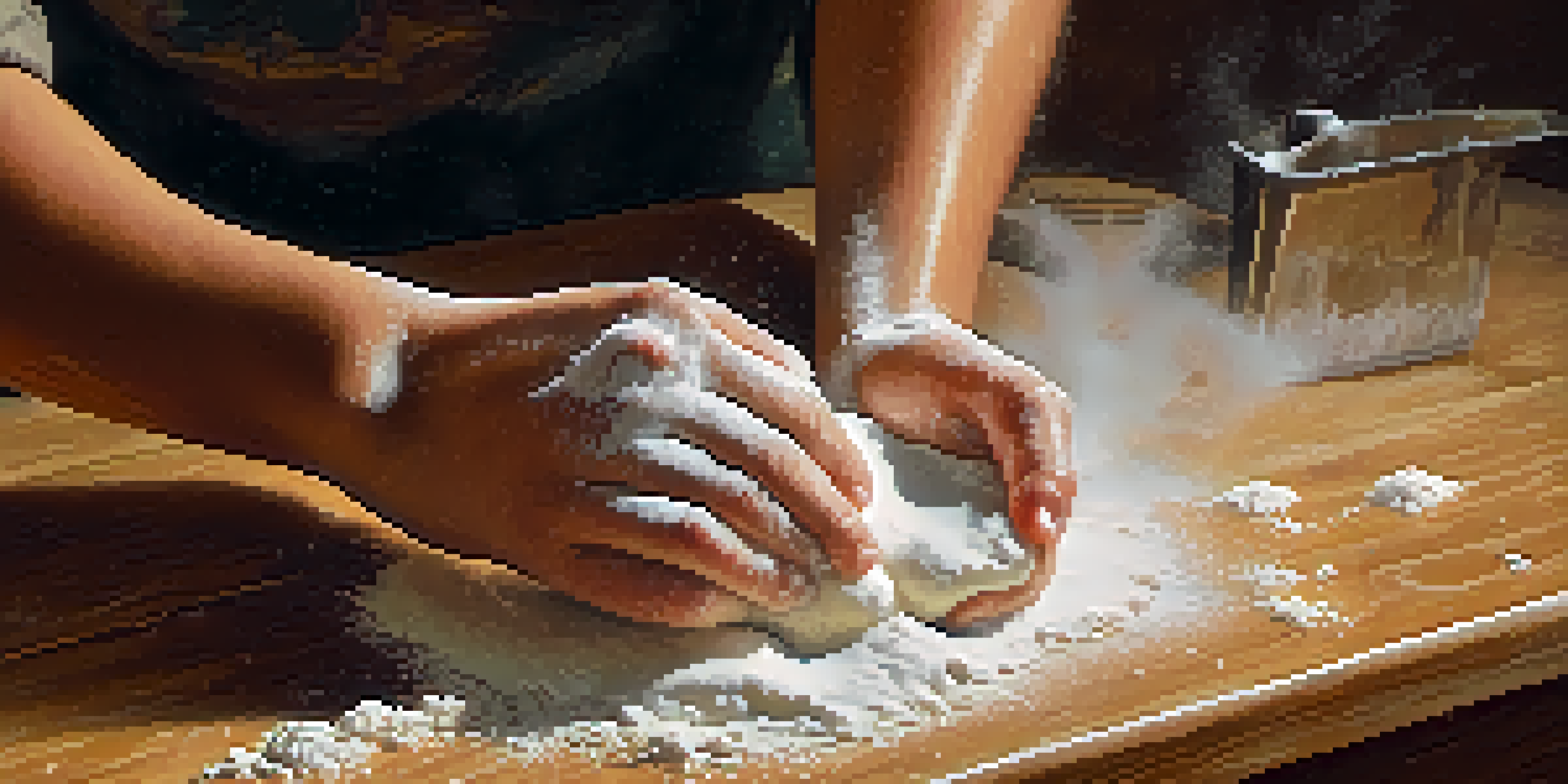A close-up of hands kneading dough on a wooden countertop, with flour dust in the air and soft lighting.