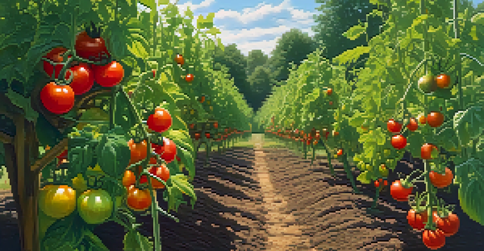 A colorful garden with ripe tomatoes on vines supported by stakes, basking in sunlight.
