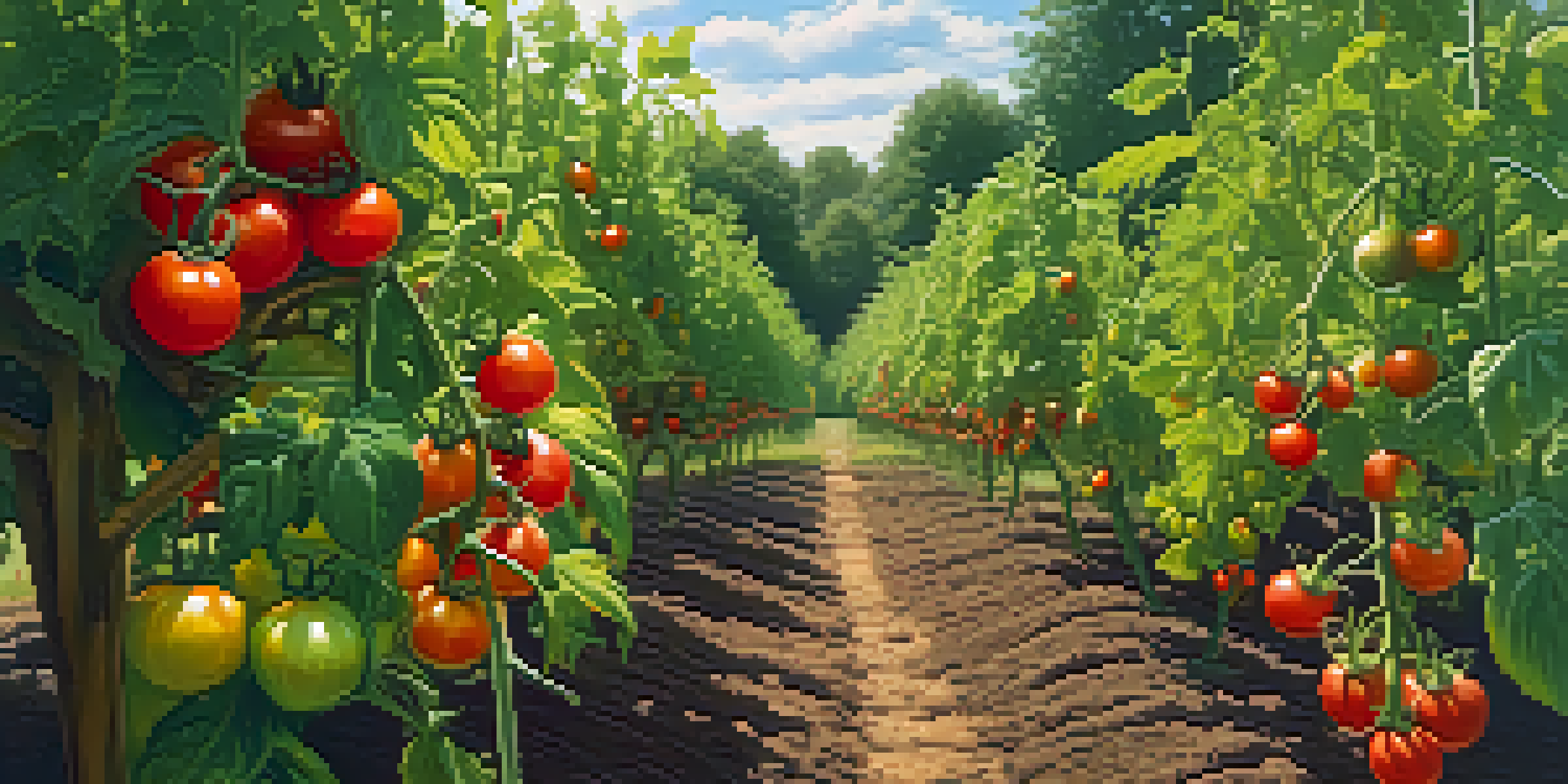 A colorful garden with ripe tomatoes on vines supported by stakes, basking in sunlight.