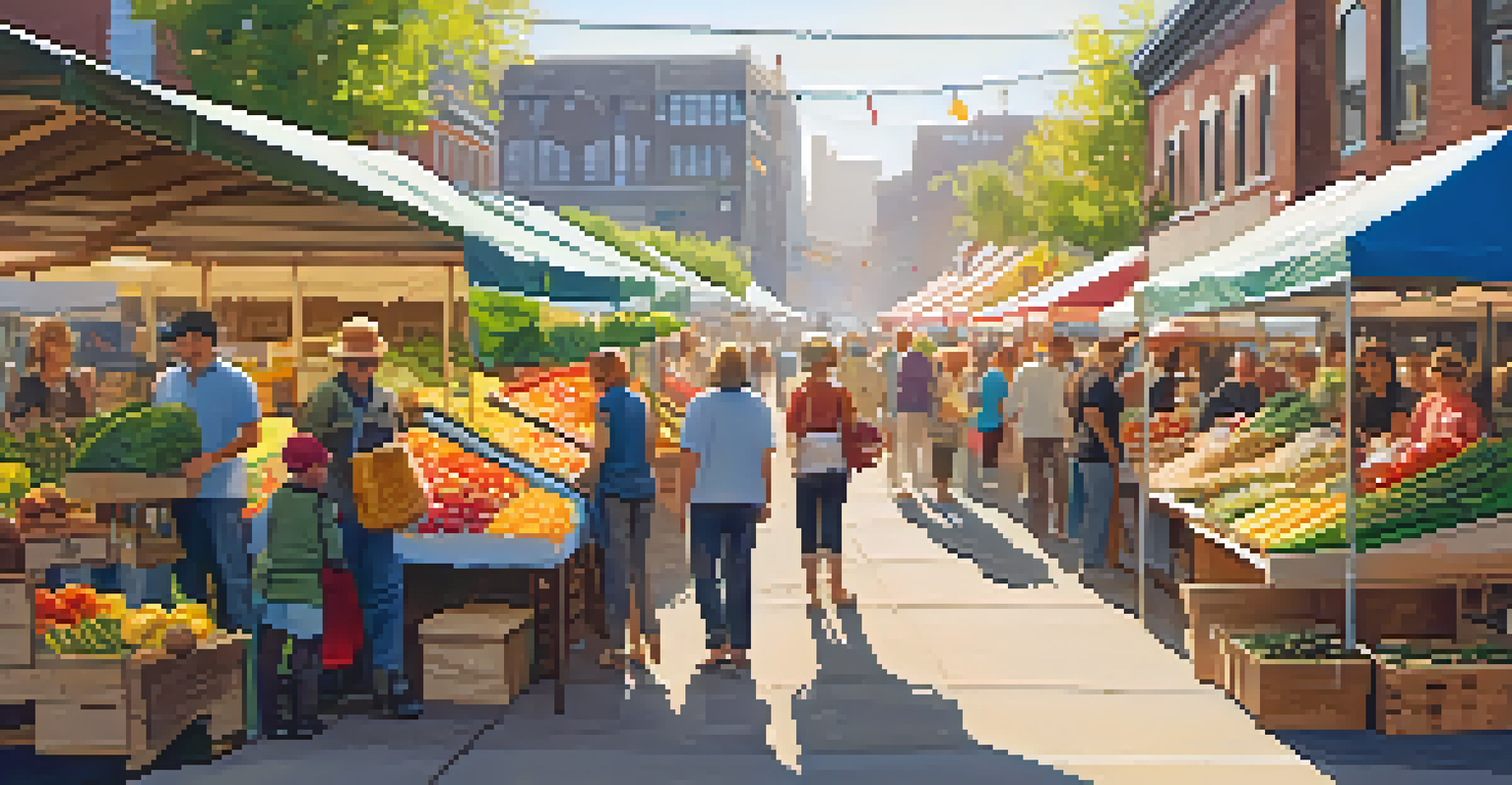 A lively farmers' market with colorful stalls and happy customers enjoying fresh produce.