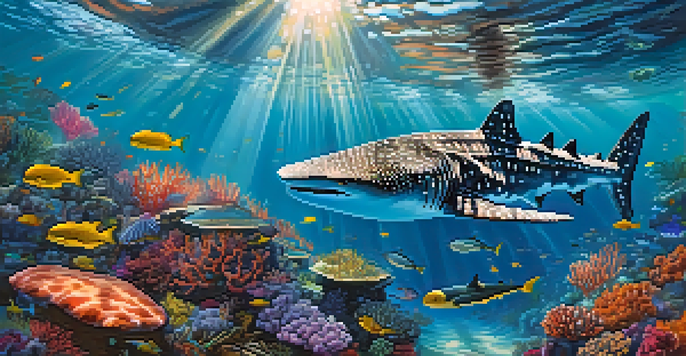 A whale shark swimming through colorful coral reefs with small fish around it, illuminated by sunlight from above.