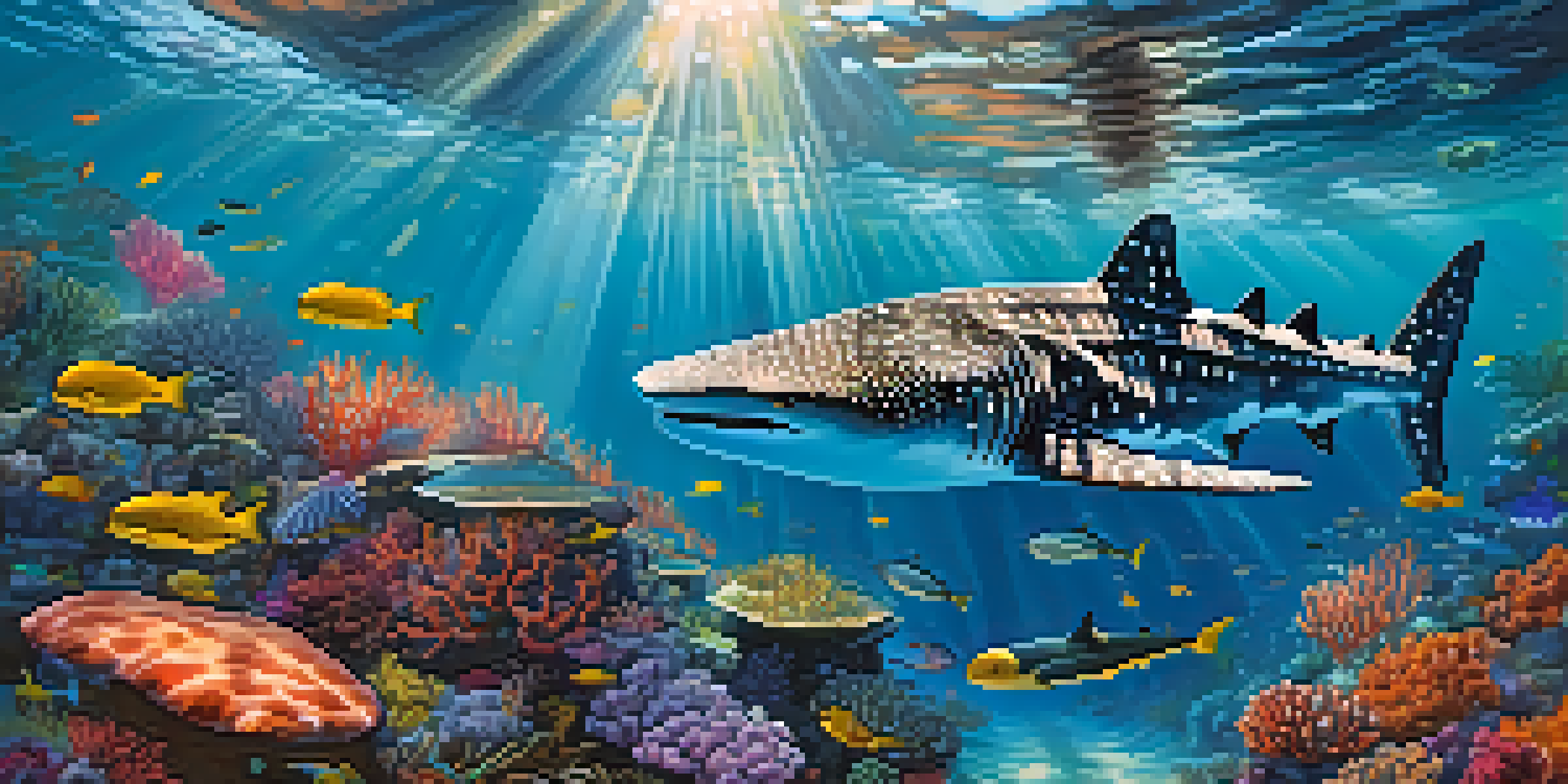 A whale shark swimming through colorful coral reefs with small fish around it, illuminated by sunlight from above.