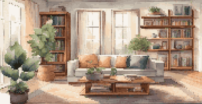 A modern living room showcasing floating shelves filled with books and plants, illuminated by warm lighting.