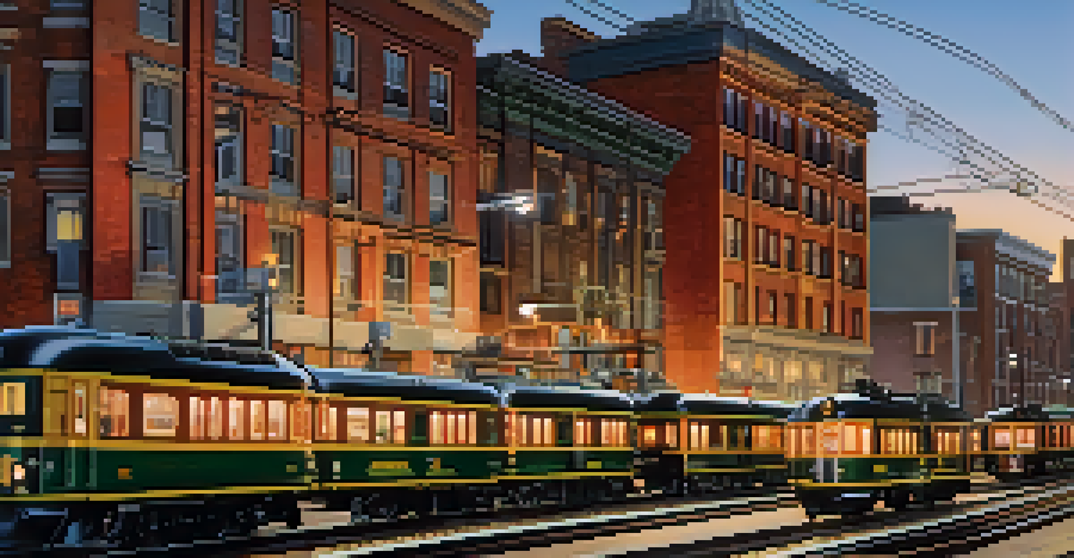 A close-up of a modular railroad module featuring a detailed urban scene with buildings and a train.