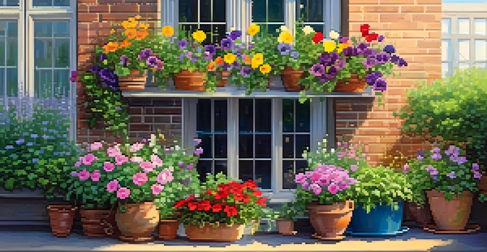 A colorful balcony garden with various flowers in pots and hanging baskets, illuminated by warm sunlight.