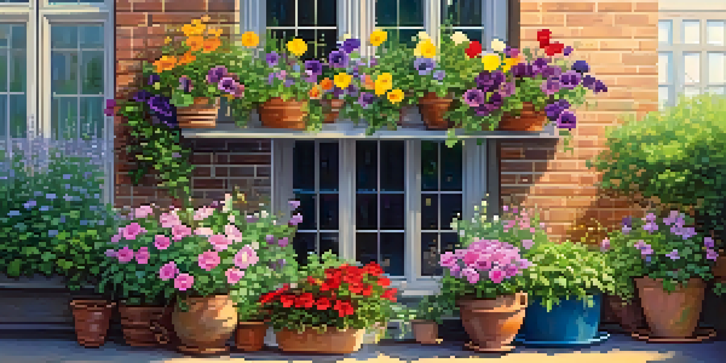 A colorful balcony garden with various flowers in pots and hanging baskets, illuminated by warm sunlight.