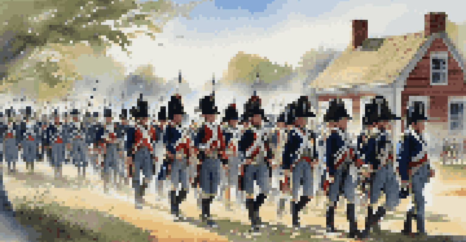 Revolutionary War reenactment with soldiers in uniform marching in a historic village setting under a clear blue sky.