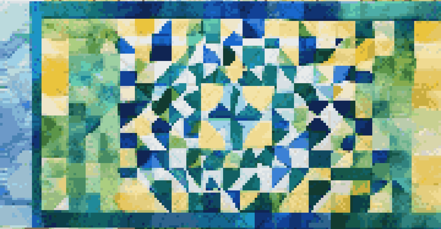 An overhead view of a colorful nine-patch quilt block on a cutting mat with quilting tools.
