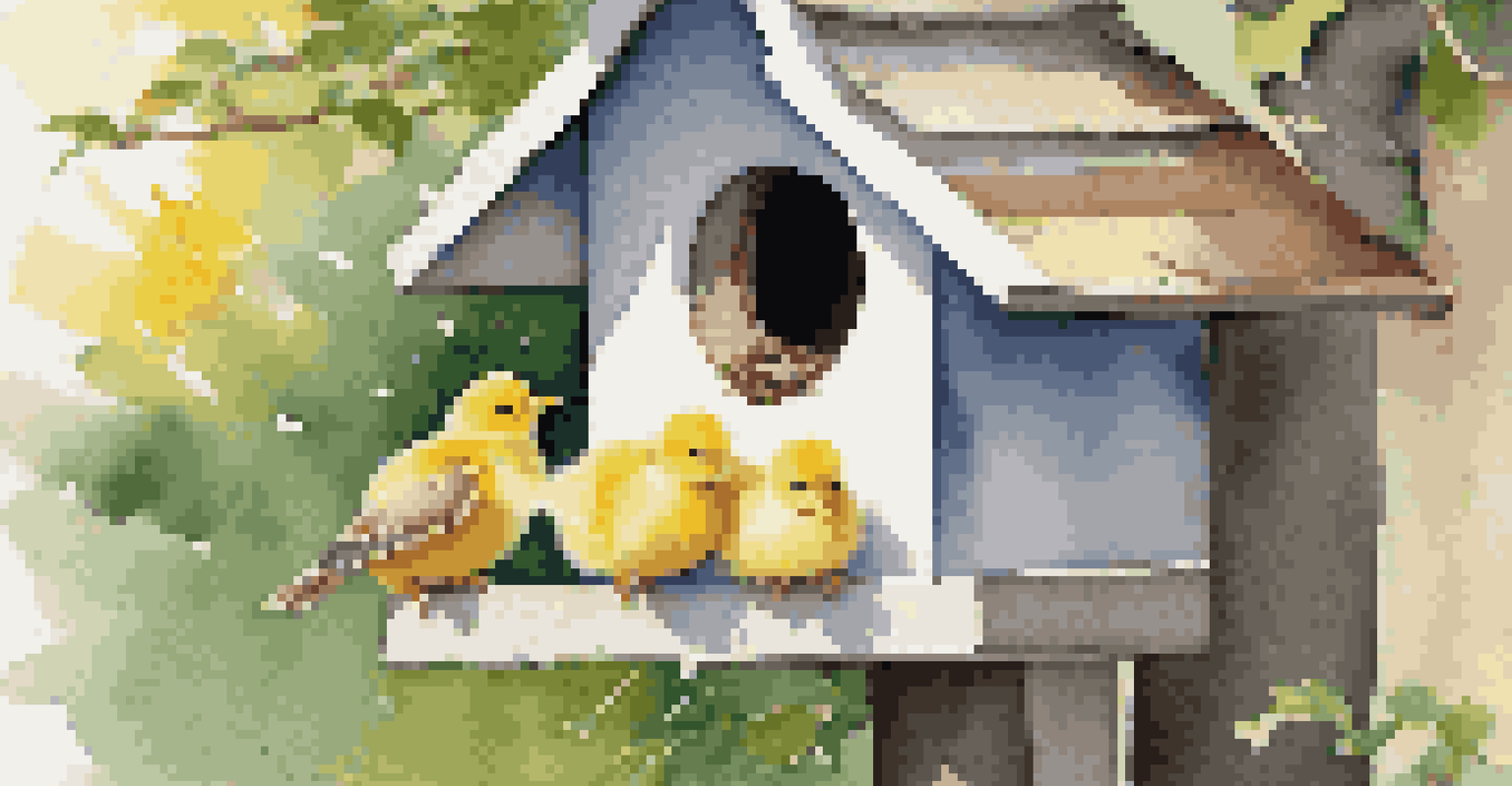 A colorful birdhouse with an observation window, showing baby birds peeking out, set in a peaceful garden with soft sunlight.