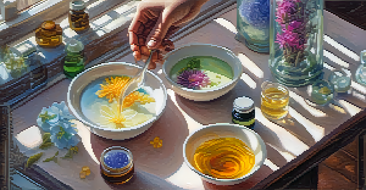 An overhead view of a person measuring lye and water with essential oils and flowers in the background.