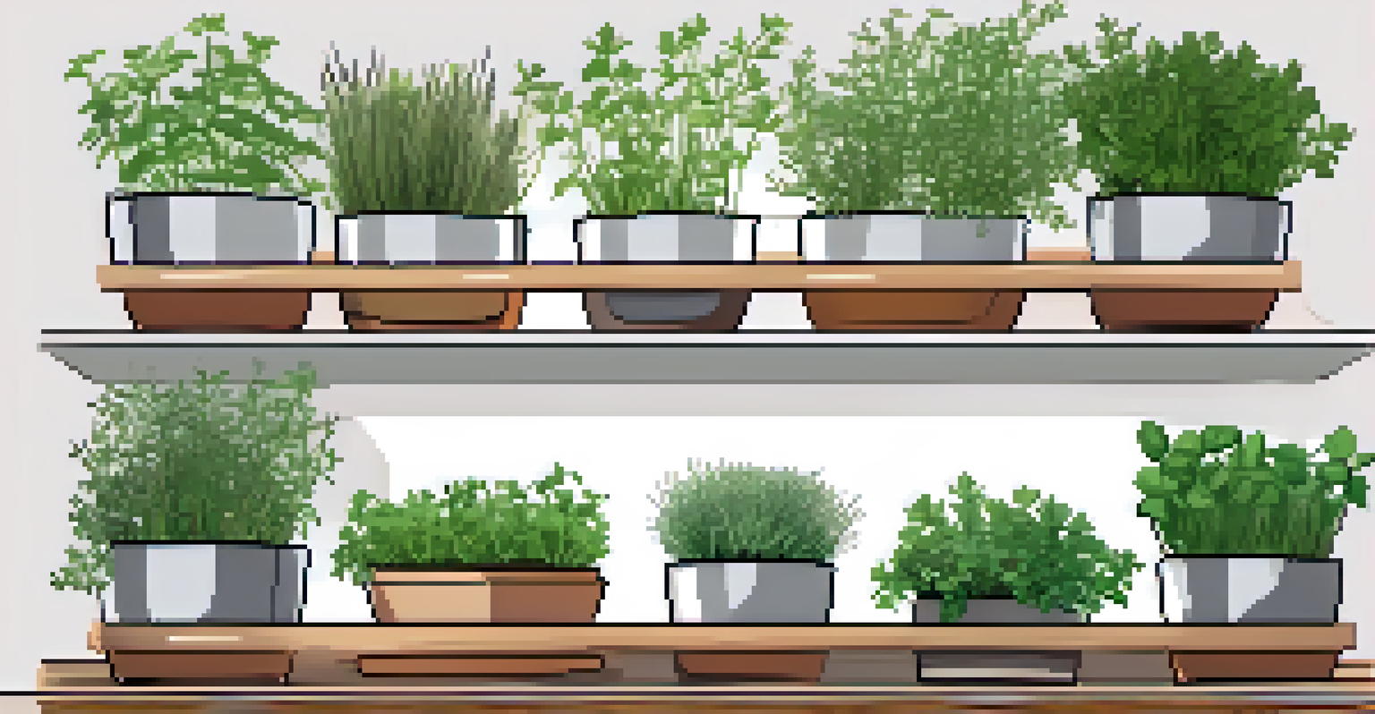 An organized indoor herb garden with labeled pots of chives, thyme, and rosemary on a wooden shelf with grow lights.
