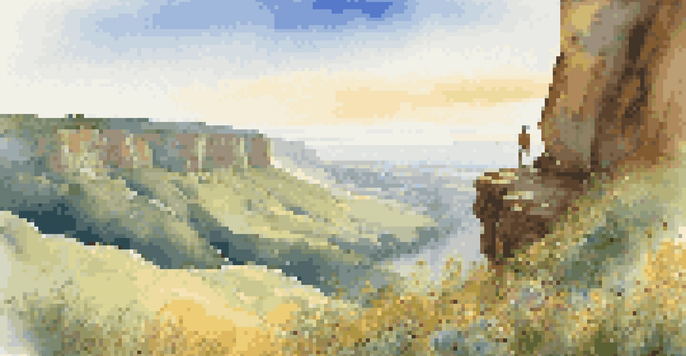 A person standing at the edge of a cliff, looking out over a beautiful green valley under a blue sky.