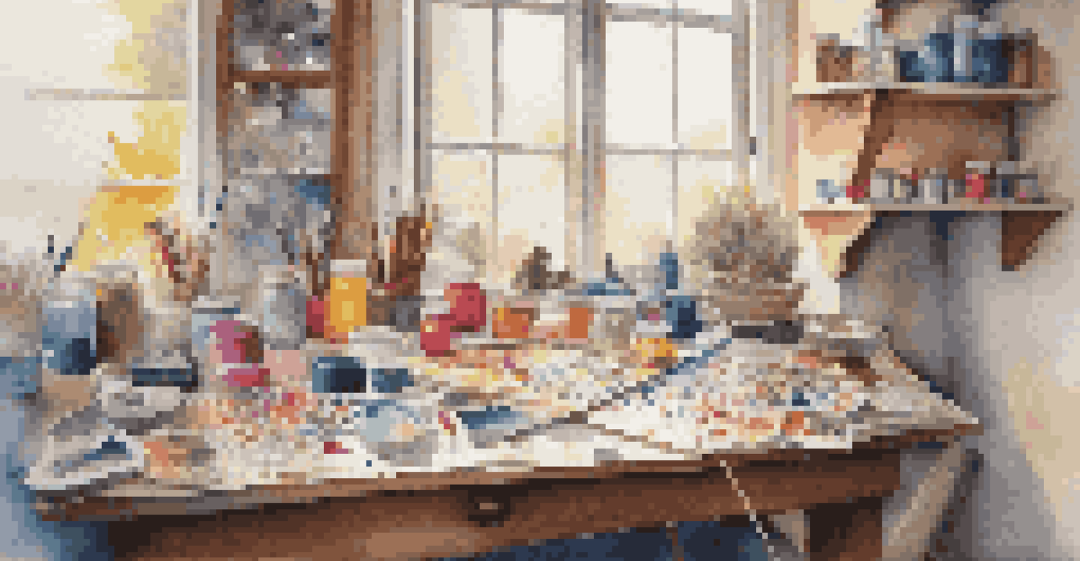 A crafting workspace with supplies for making handmade ornaments, including colorful felt, scissors, and paints, illuminated by natural light.
