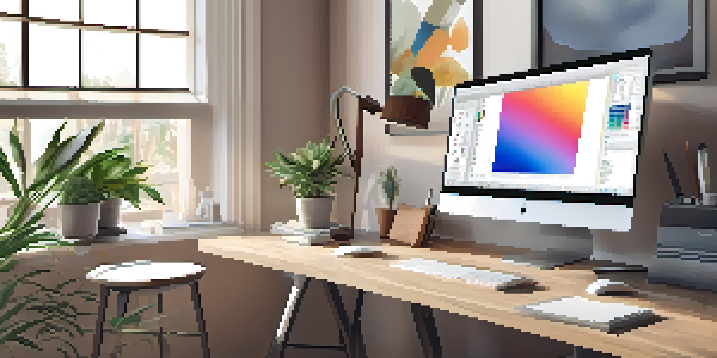 A modern editing workspace with a computer, color swatches, and a potted plant under soft natural light.