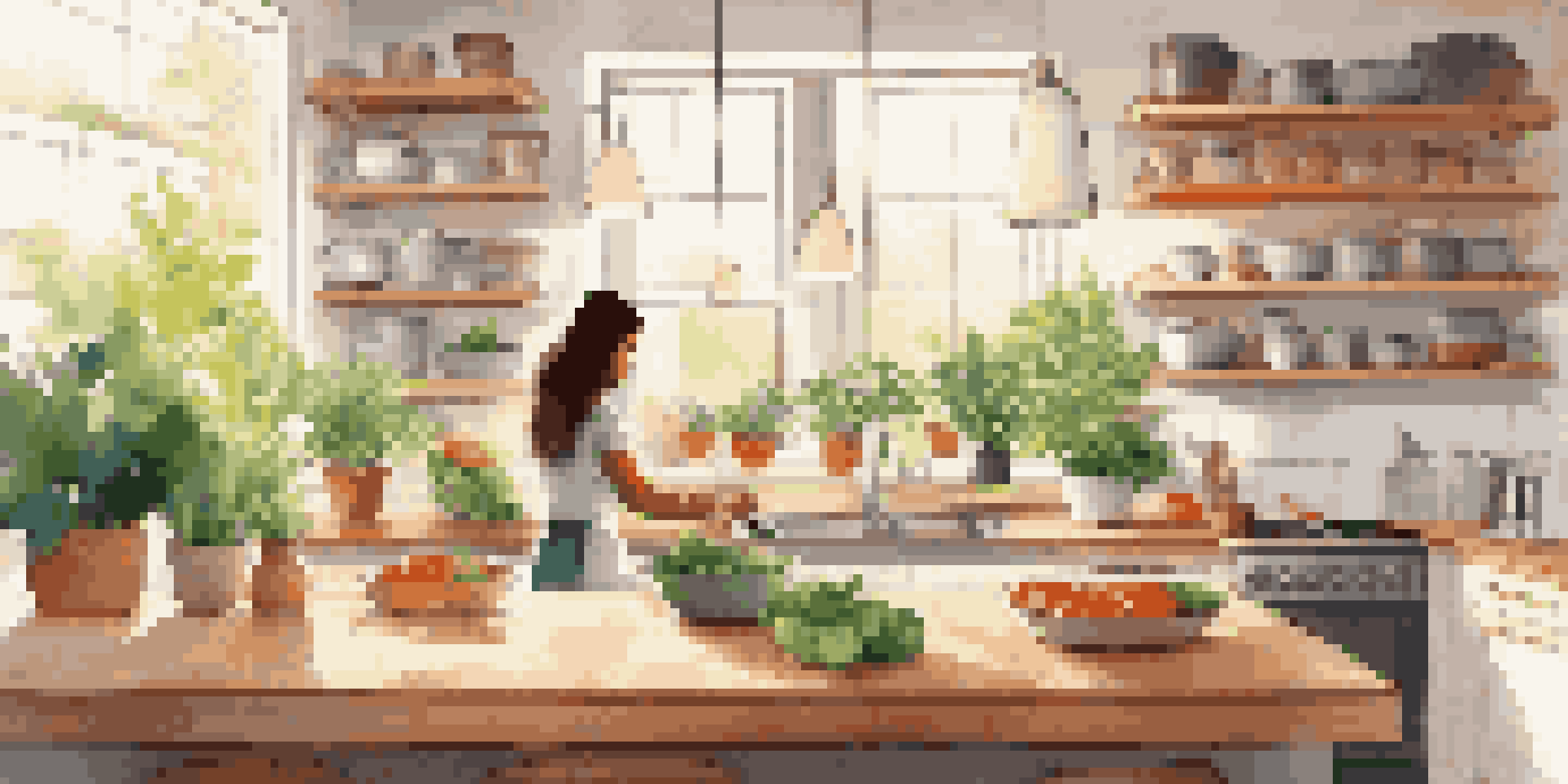 A modern kitchen with a smart speaker and a person cooking while using a tablet, bathed in sunlight.