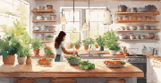 A modern kitchen with a smart speaker and a person cooking while using a tablet, bathed in sunlight.