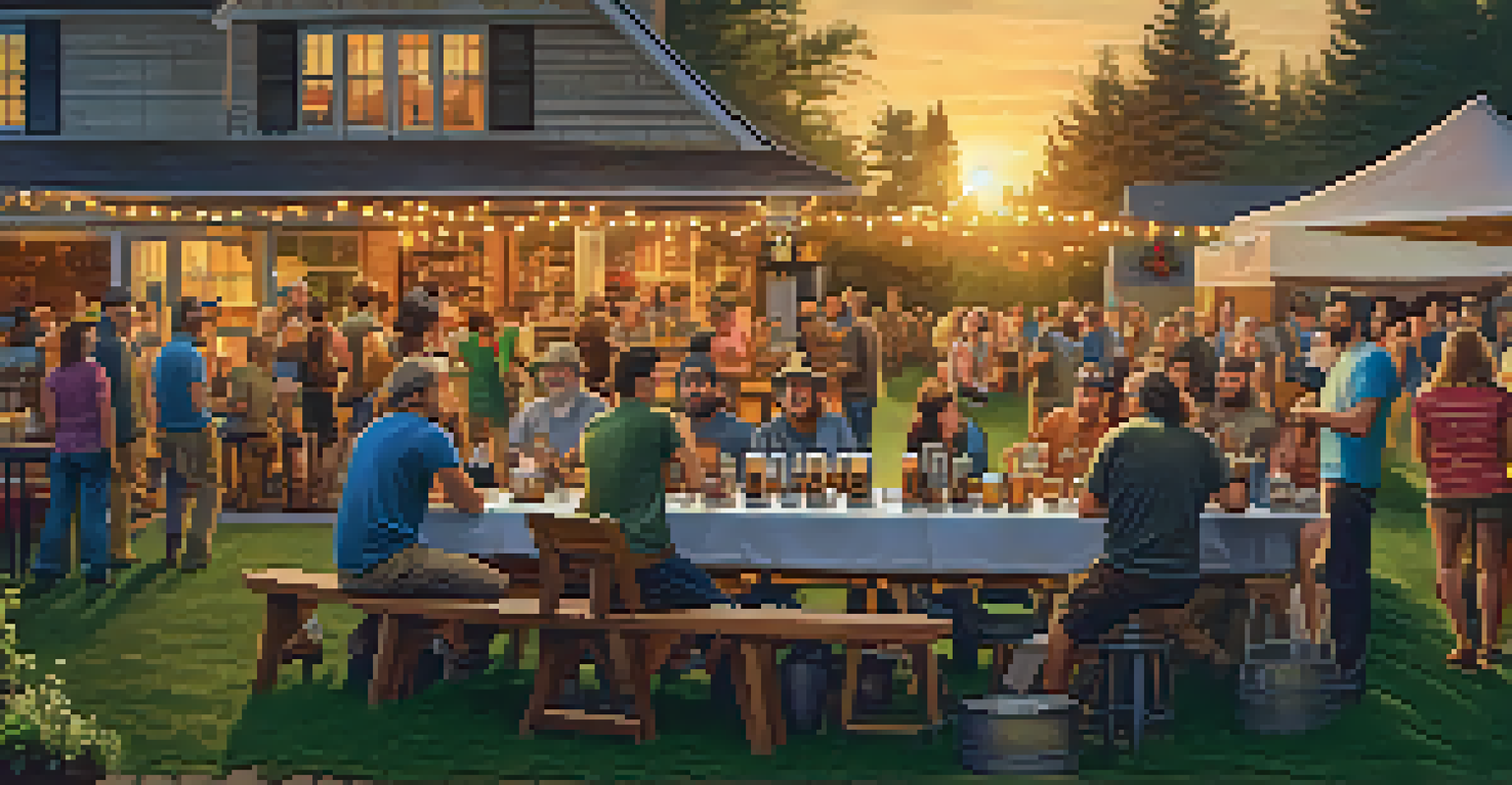 A lively backyard gathering of home brewers sharing tips and brewing kits under a sunset sky.