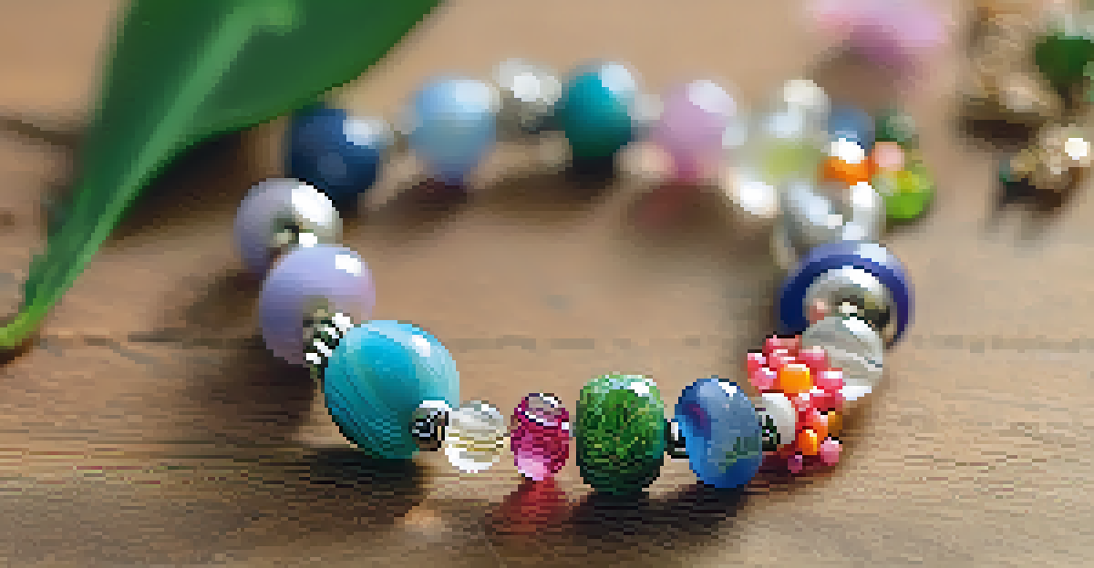 A finished beaded bracelet on a wooden surface, surrounded by leaves and flowers, showcasing vibrant colors.