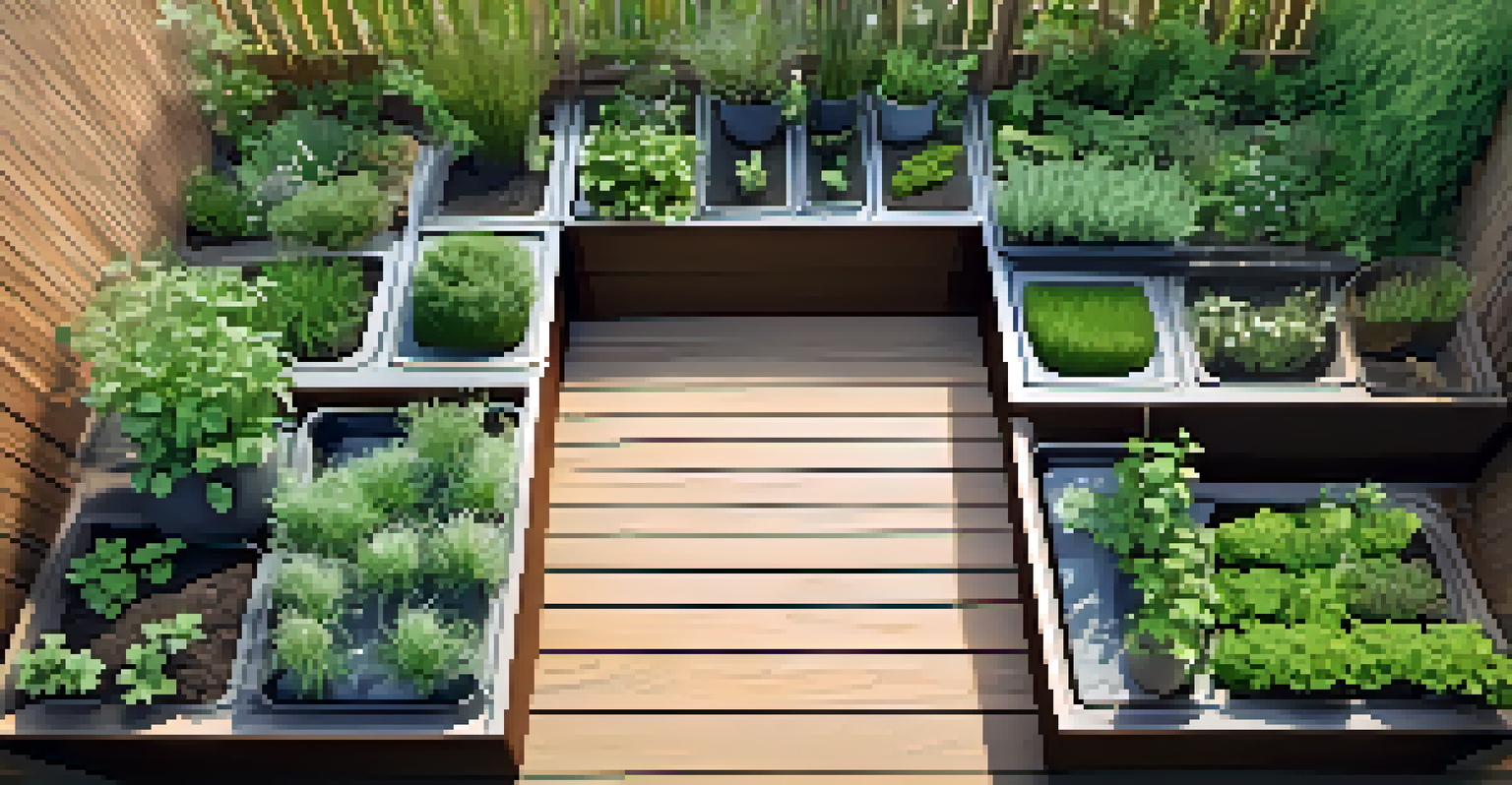 An overhead view of a tiered herb garden with chives, oregano, and thyme in pots, arranged on a wooden deck with soft afternoon sunlight.