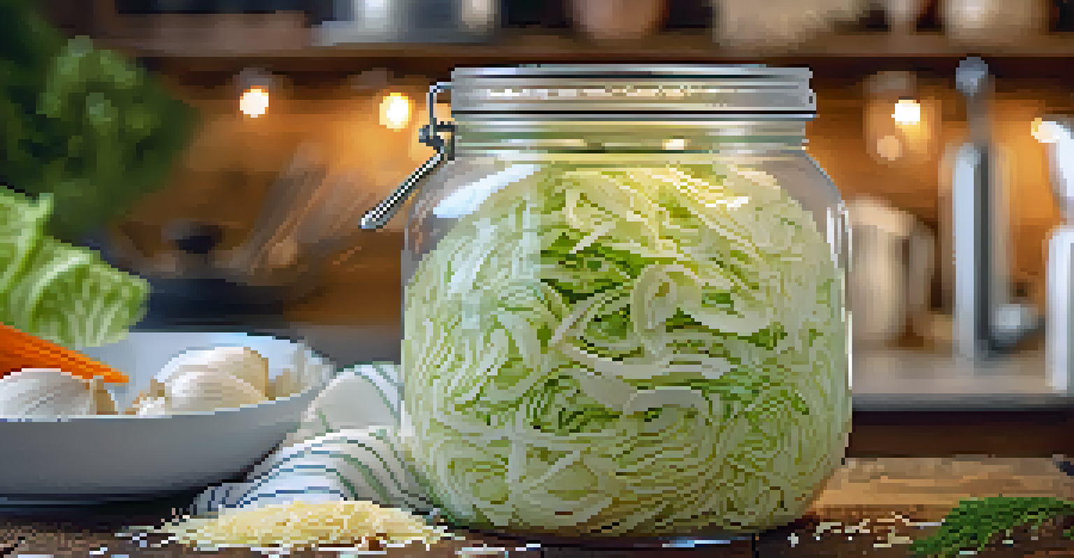 Glass jar filled with shredded cabbage submerged in brine, surrounded by caraway seeds and garlic on a wooden table.