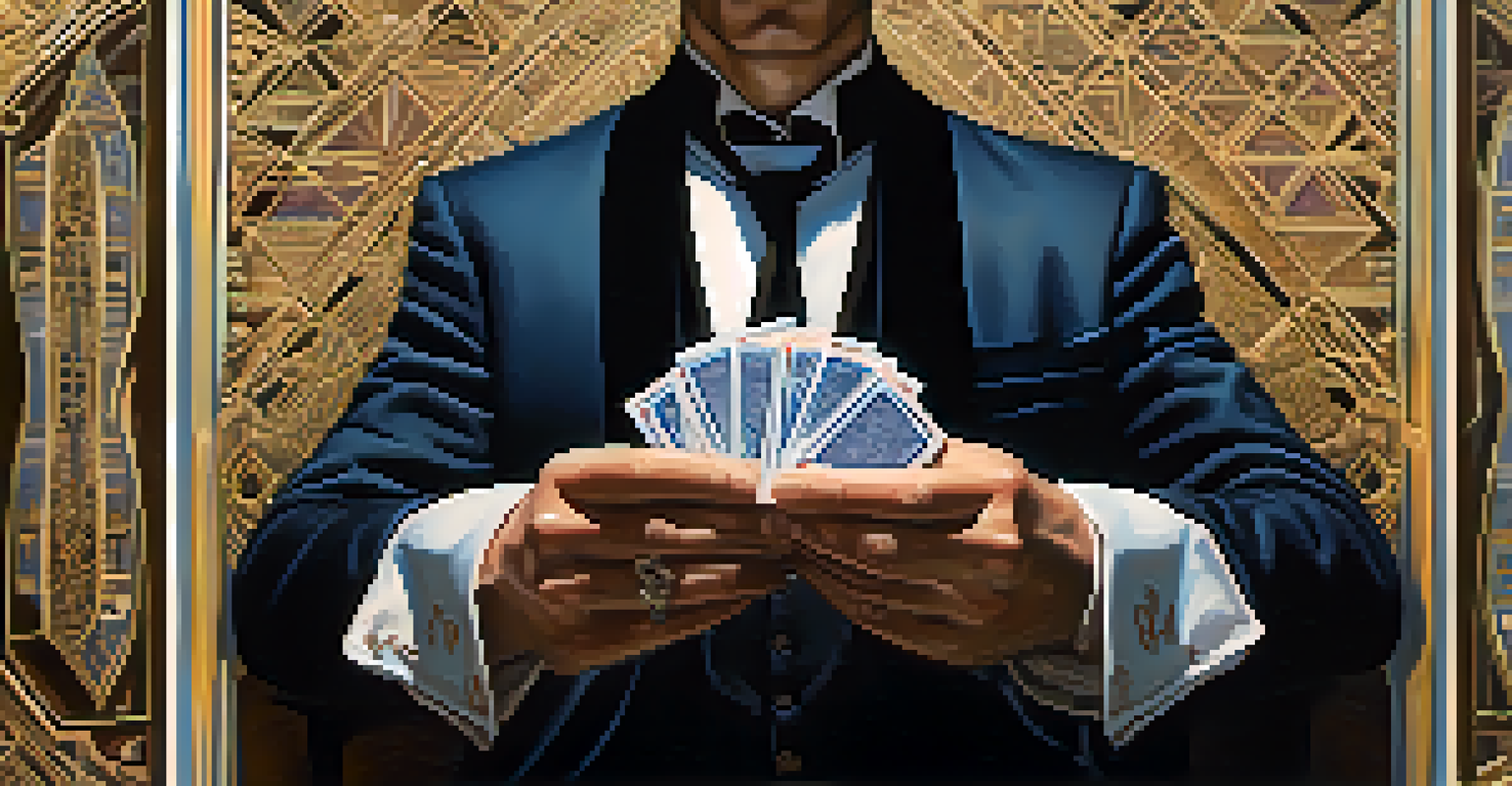 A close-up of a mentalist's hands holding a deck of beautifully designed cards with a mystic aura.