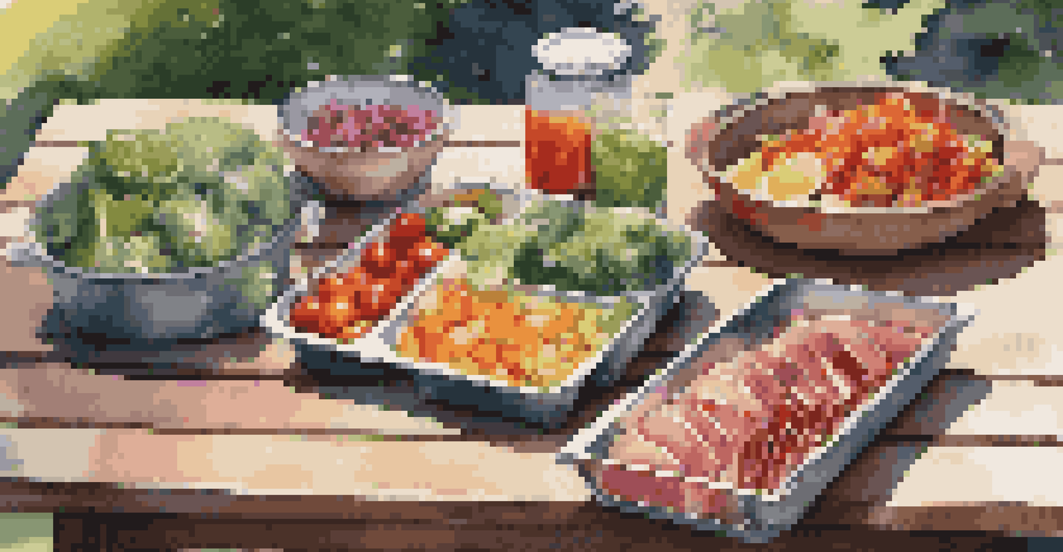 A picnic table with colorful chopped vegetables and marinated meats, under sunlight filtering through trees, showcasing a camping cooking setup.