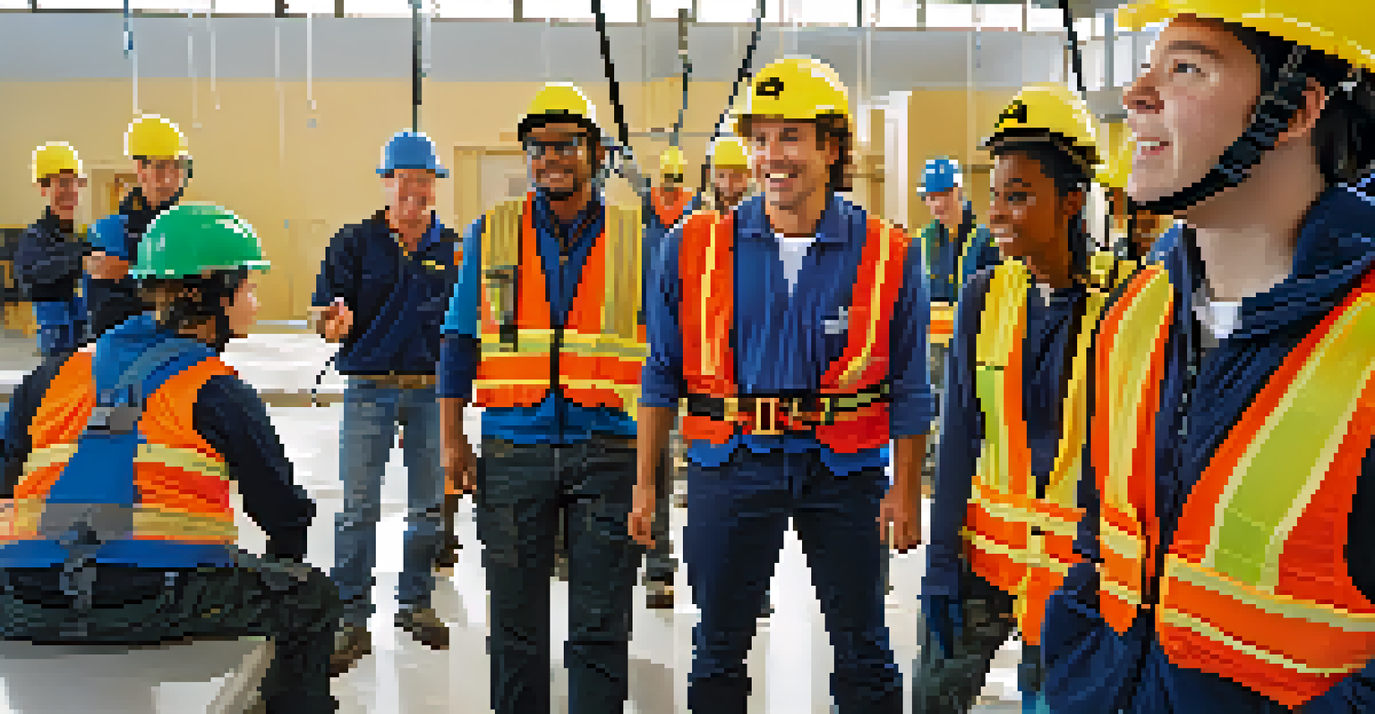 A bungee jumping instructor showing how to wear a harness to a group of learners in a training facility, promoting safety and excitement.