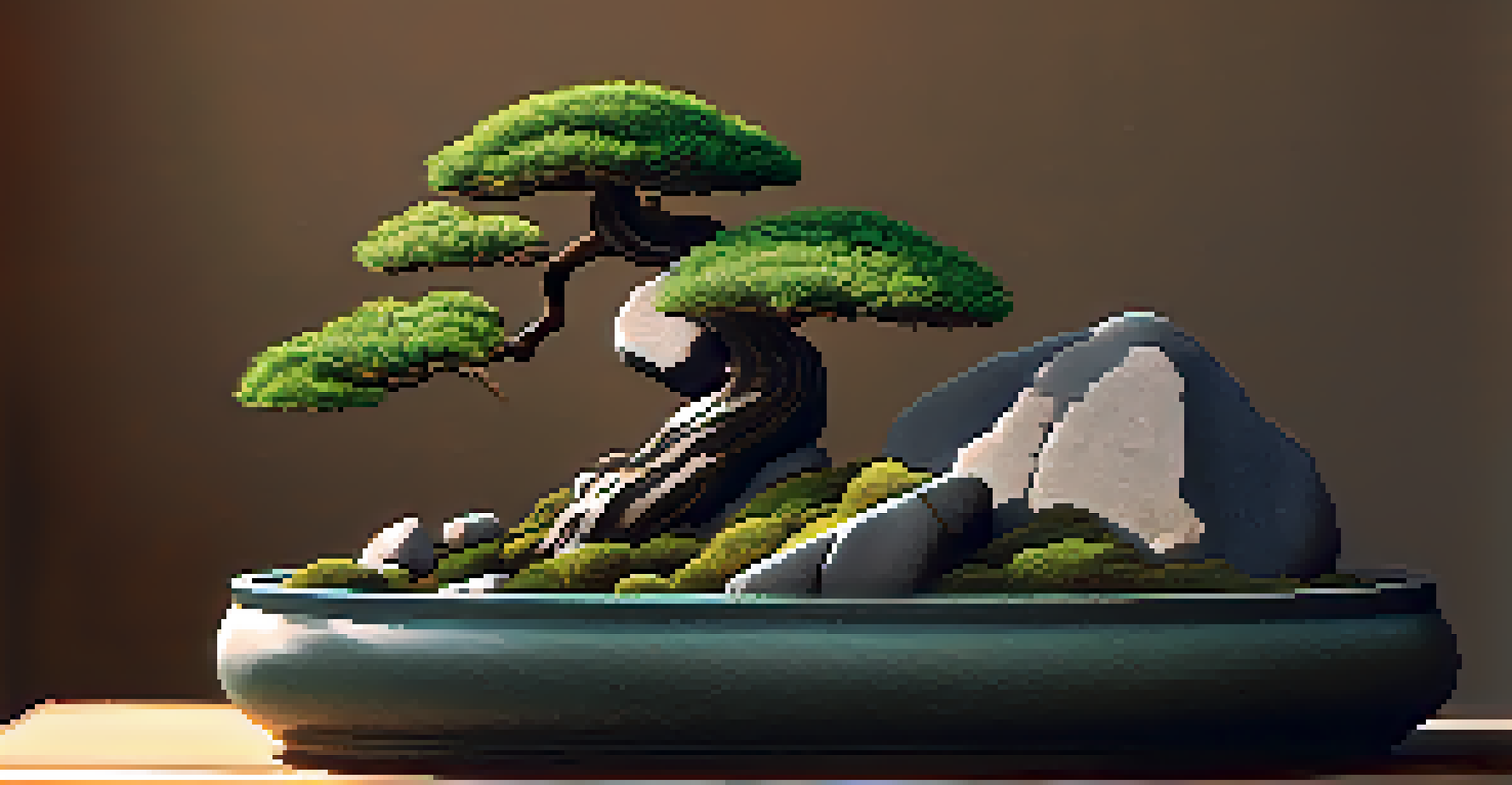 A striking bonsai tree surrounded by sharp-edged stones, set in late afternoon light with dramatic shadows.