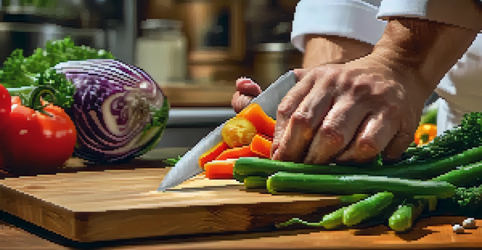 A chef's hands slicing colorful vegetables on a wooden cutting board in a softly lit kitchen.
