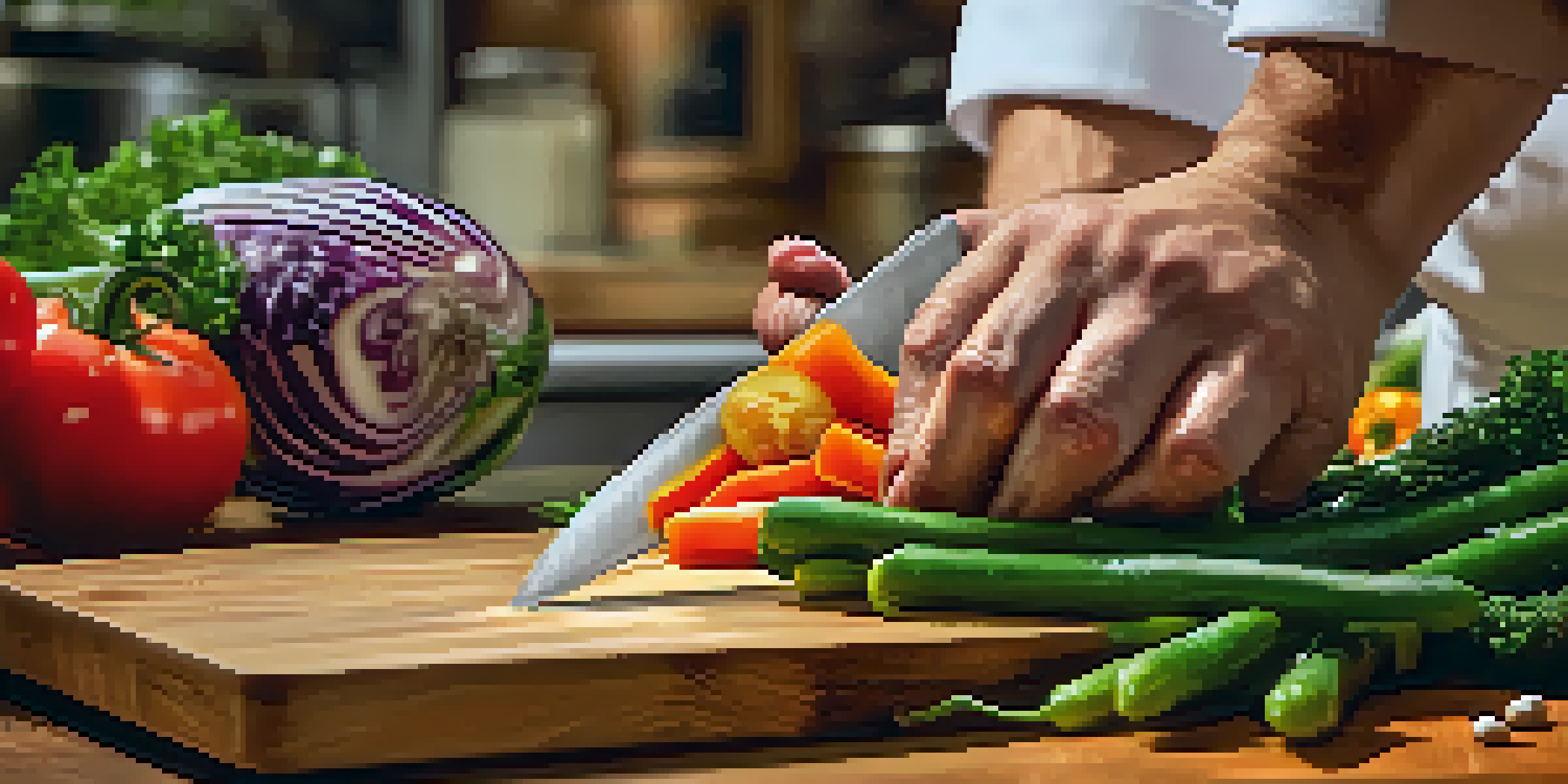 A chef's hands slicing colorful vegetables on a wooden cutting board in a softly lit kitchen.