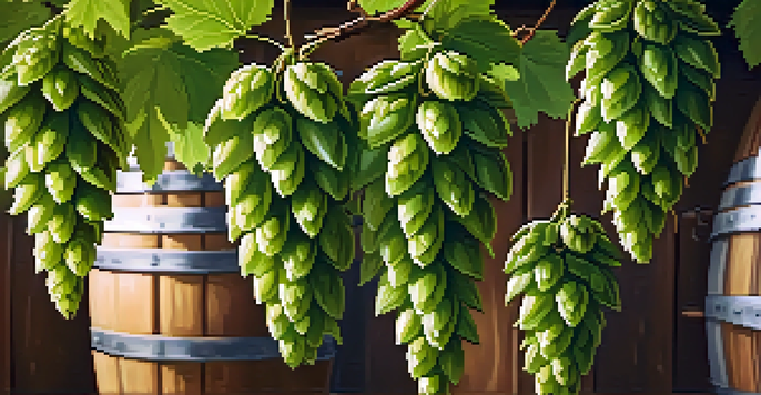 A close-up of green hop cones on a vine with a blurred brewery in the background.