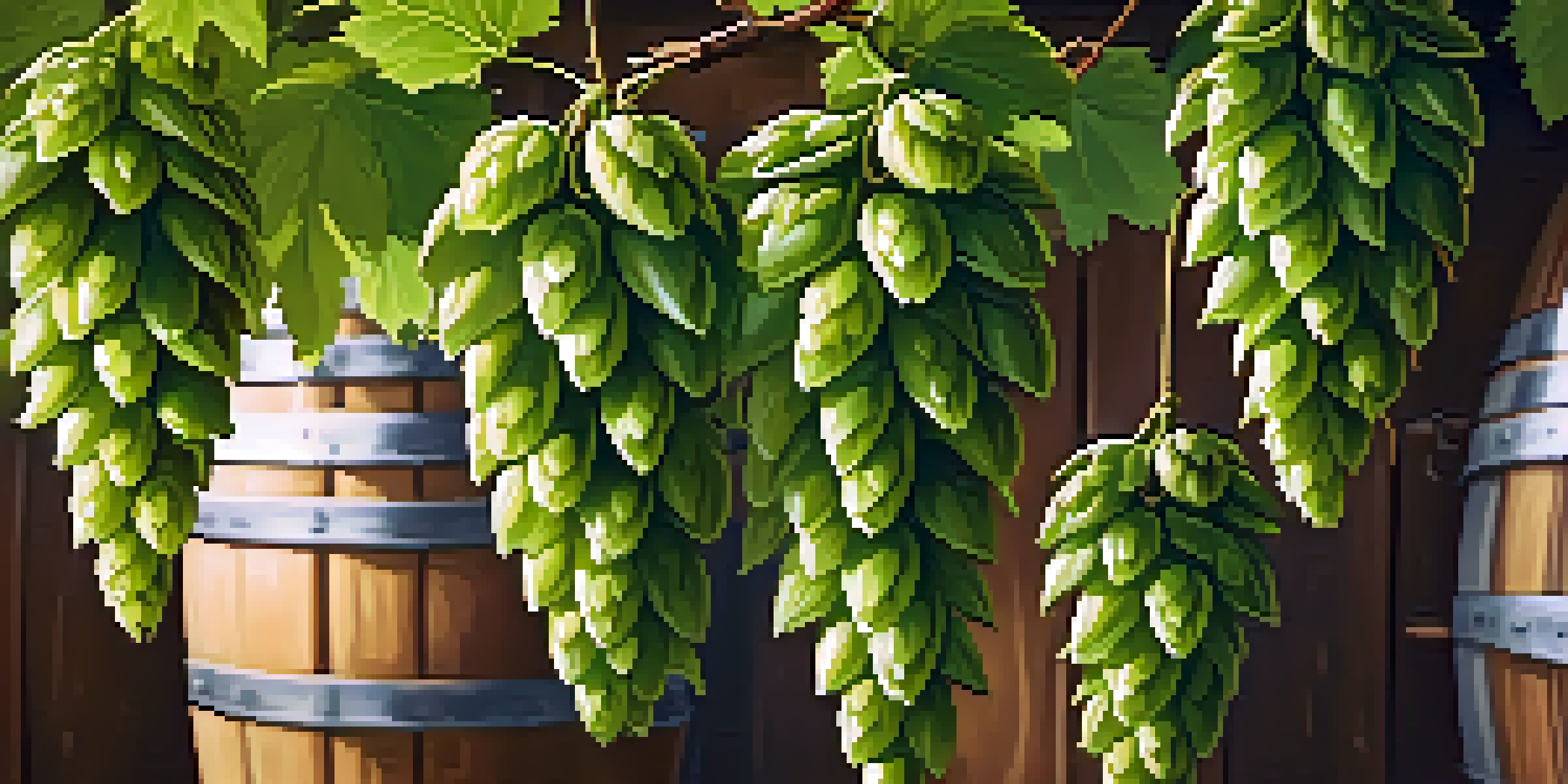 A close-up of green hop cones on a vine with a blurred brewery in the background.