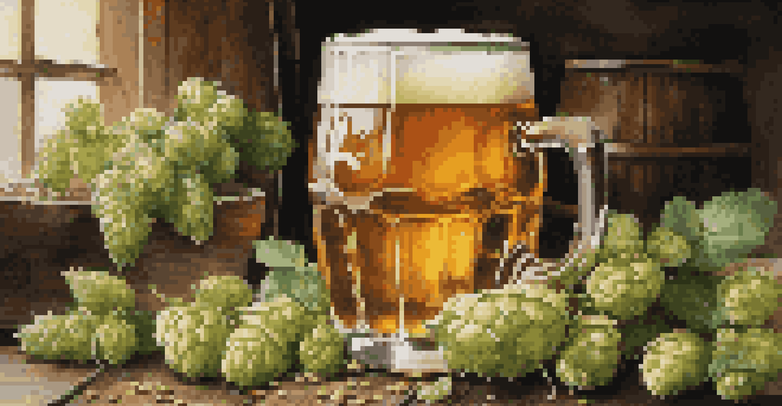A glass of freshly brewed beer on a wooden table, surrounded by fresh hops, herbs, and fruits, illuminated by sunlight.