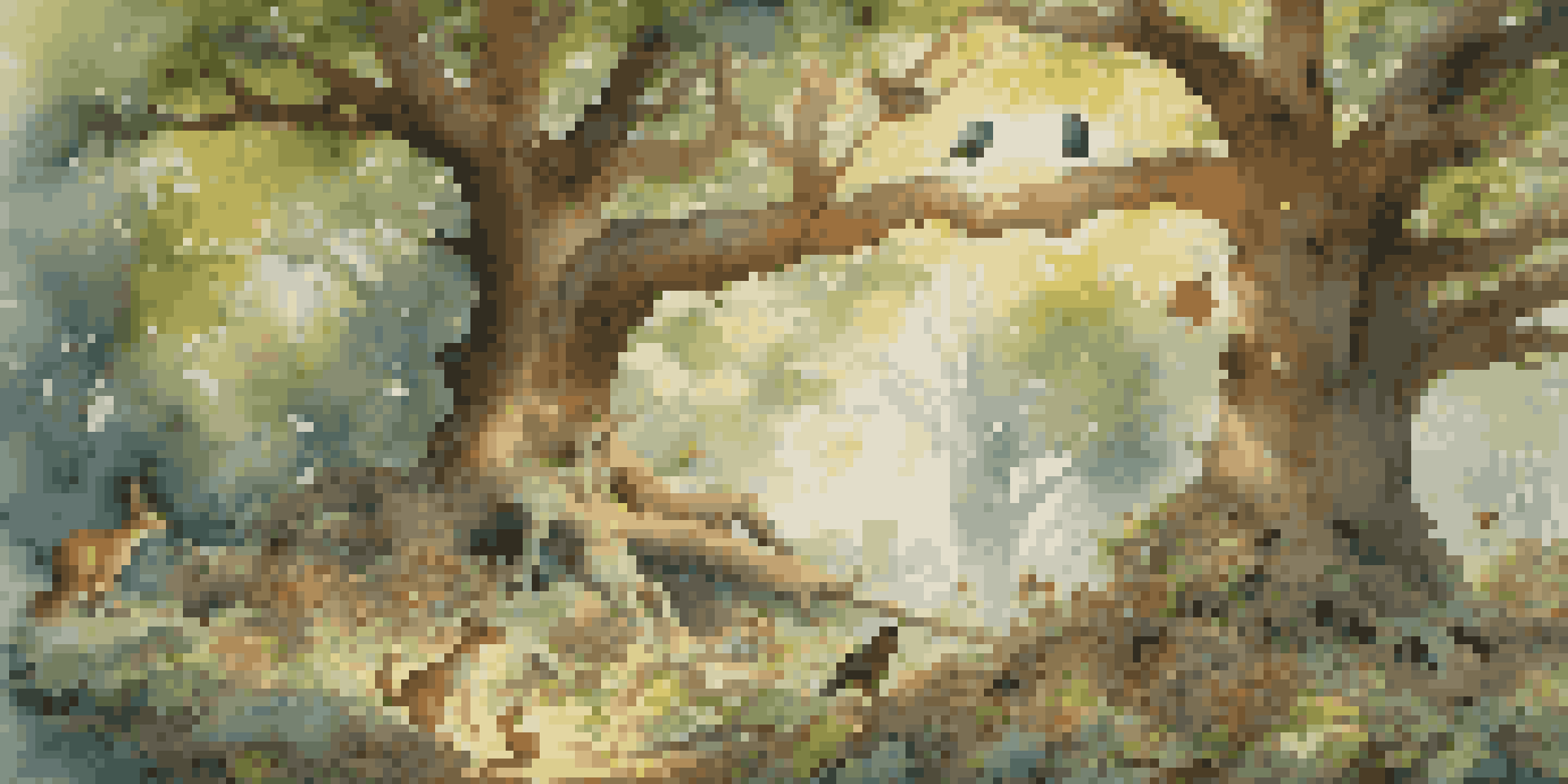 A lively forest with a large oak tree as the focal point, featuring birds and squirrels, with sunlight filtering through the leaves and a colorful array of plants below.