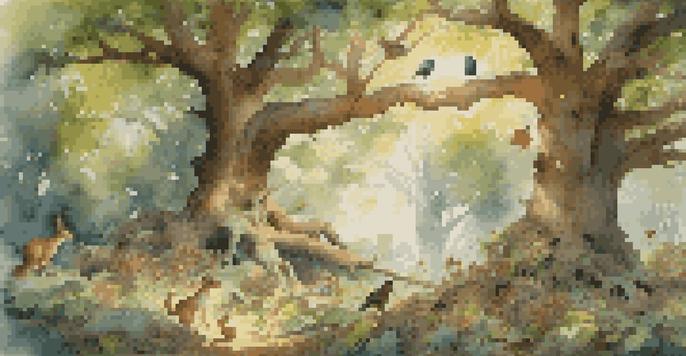 A lively forest with a large oak tree as the focal point, featuring birds and squirrels, with sunlight filtering through the leaves and a colorful array of plants below.