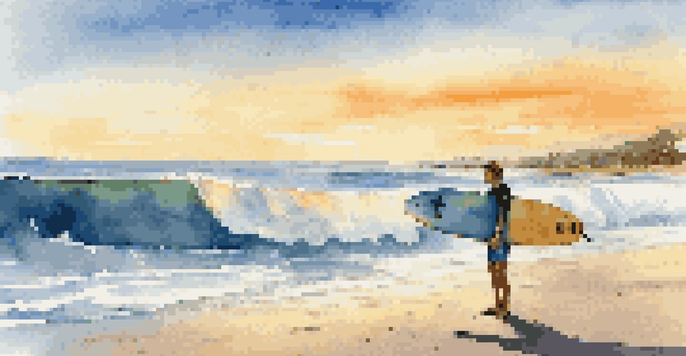 A beginner surfer with a colorful longboard on the beach during sunset, looking excited.