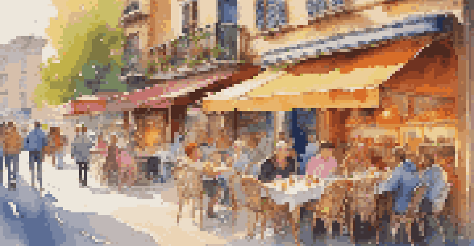 A couple enjoying street food at an outdoor café with a lively city backdrop.