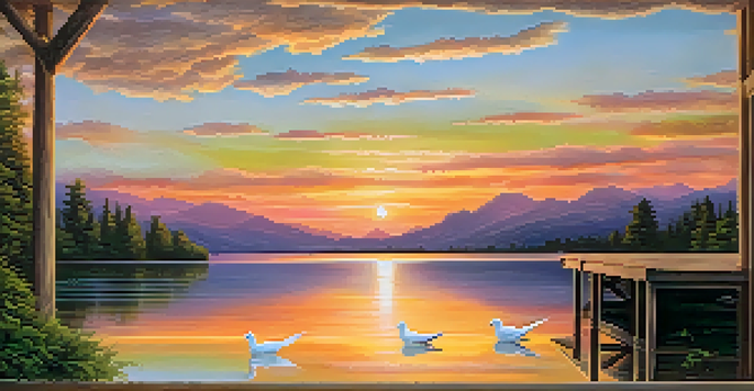 A peaceful sunset over a lake with a white dove on a dock, surrounded by greenery and mountains.