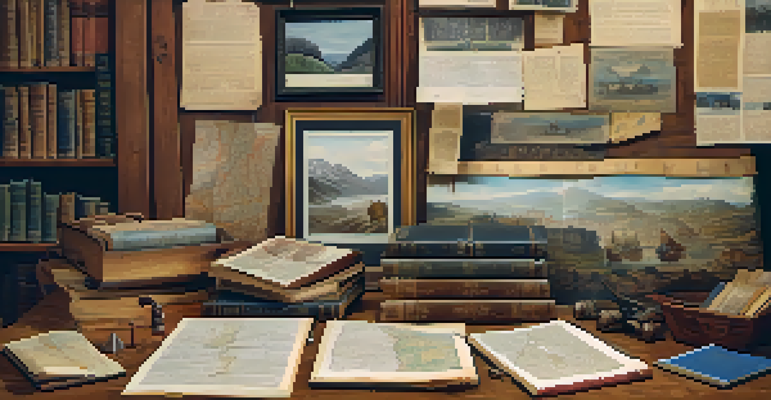 A collection of primary sources like letters, photographs, and maps displayed on a rustic wooden table, with a bookshelf in the background.