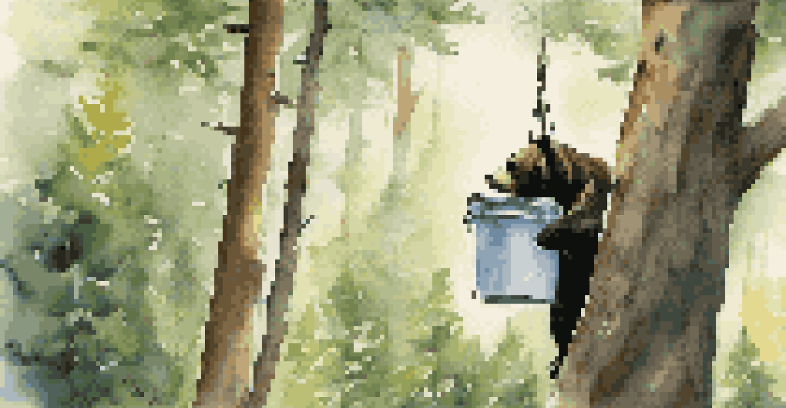 A bear-resistant food container hanging from a tree branch in a forest, with sunlight filtering through the leaves.