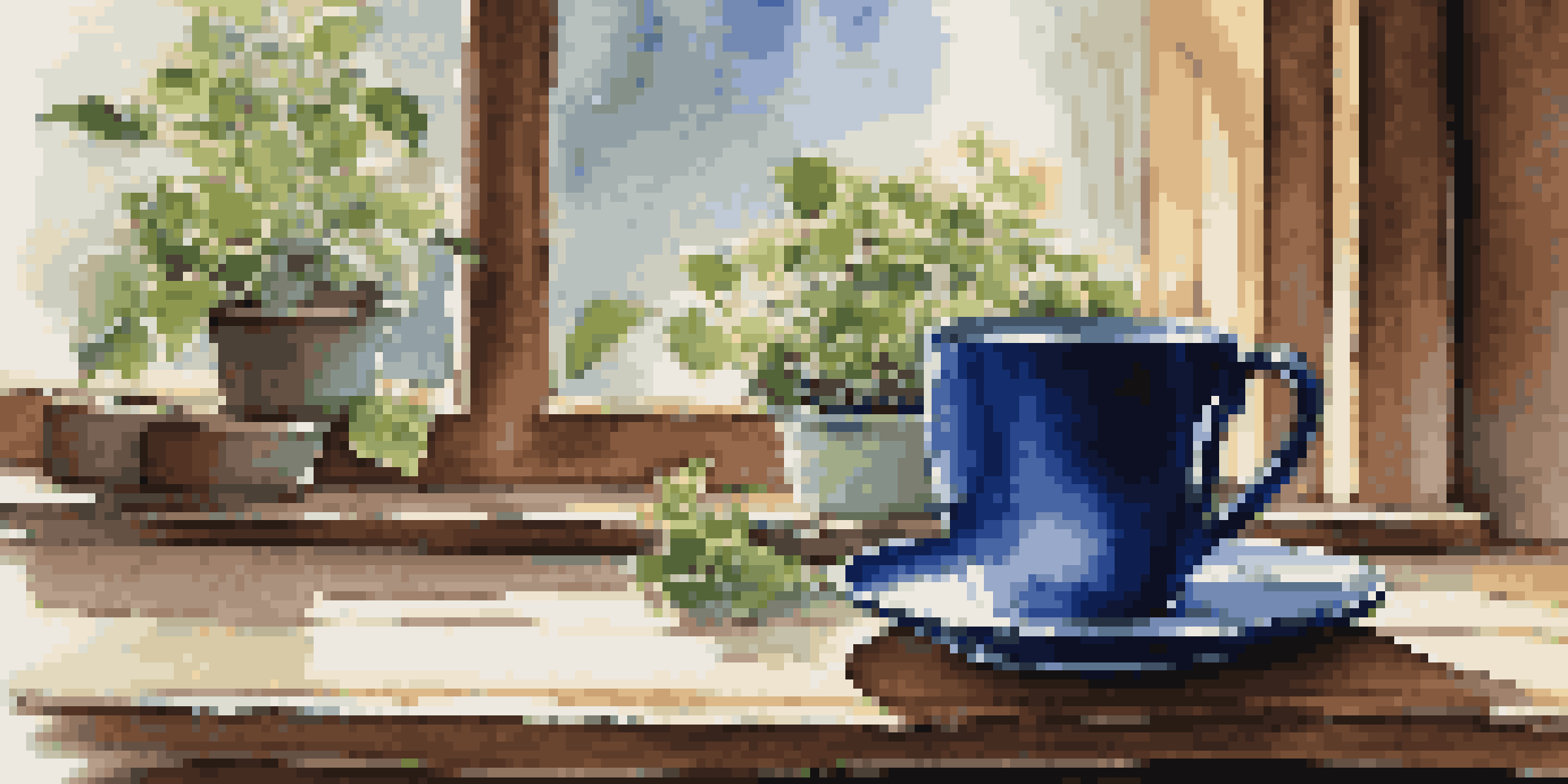A deep blue stoneware coffee mug filled with coffee on a wooden table, with morning light creating reflections and a potted plant nearby.