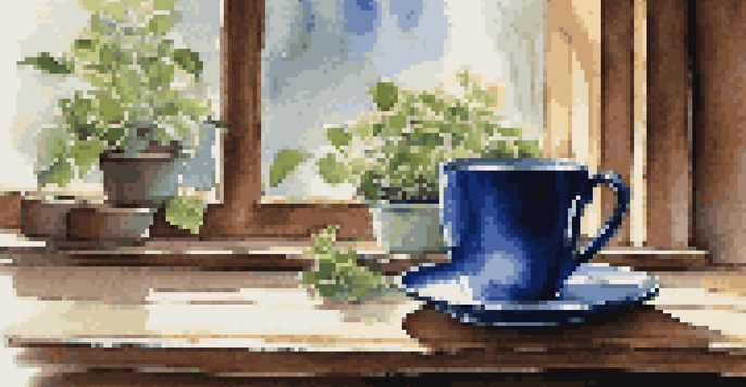 A deep blue stoneware coffee mug filled with coffee on a wooden table, with morning light creating reflections and a potted plant nearby.