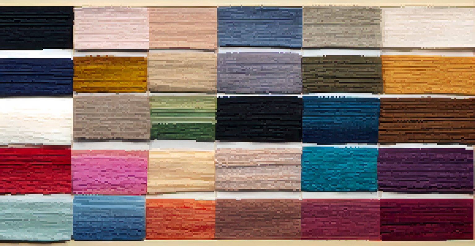Display of yarn swatches in various colors and textures on a soft fabric background.