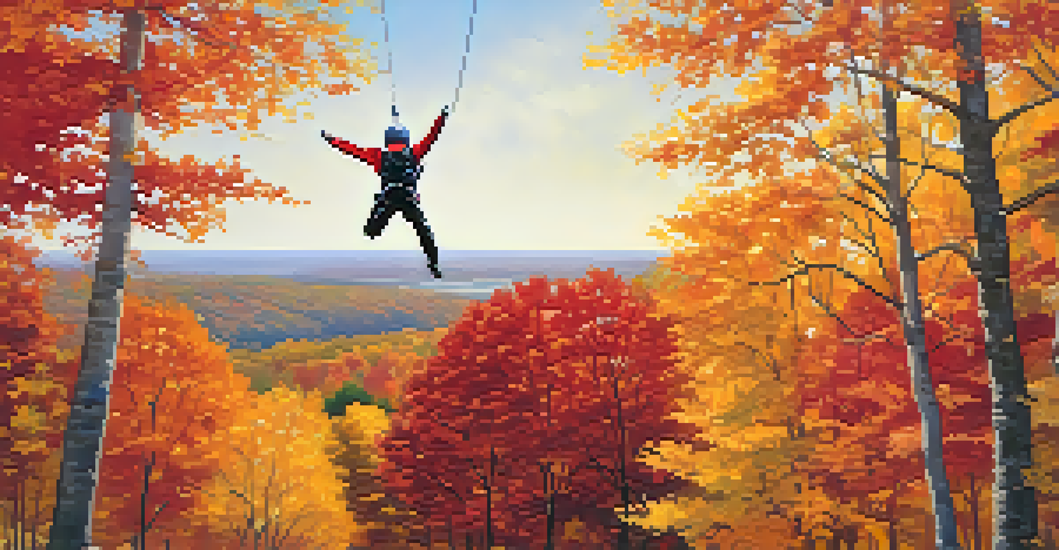 A bungee jumper in mid-air with colorful autumn leaves in the background.