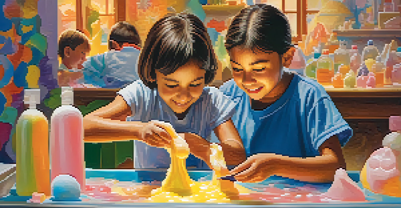 Children happily working on soap sculptures, creating animal shapes with soft soap, surrounded by colorful creations.