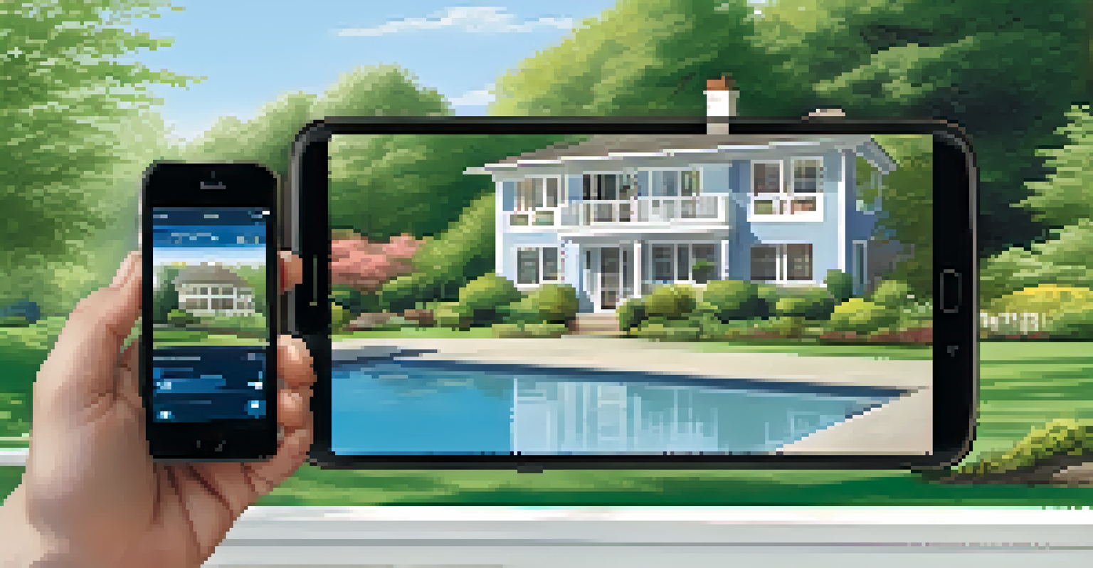 A house surrounded by greenery with a smartphone alert about temperature adjustment as the owner approaches.