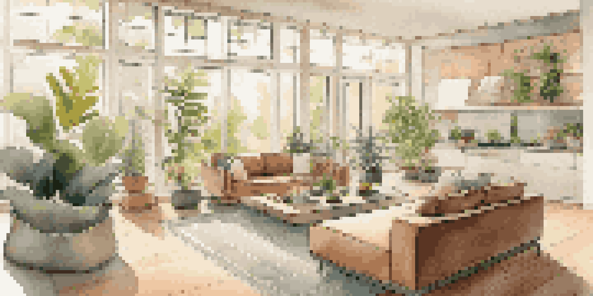 A cozy living room in a smart home with automated lighting and a smart thermostat, filled with indoor plants and natural light.
