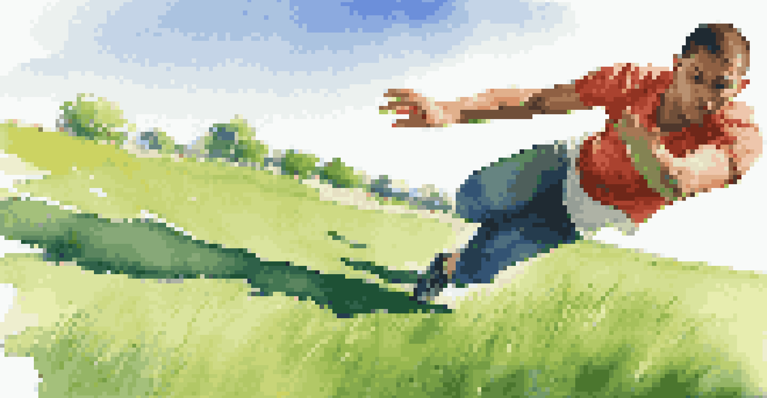A close-up of an individual practicing parkour rolls on grass, showcasing their technique against a bright blue sky.